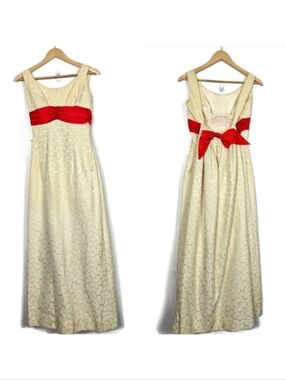 Vintage 60s Gladys Lee Butter Cream & Coral Brocade Formal Gown With Flaws